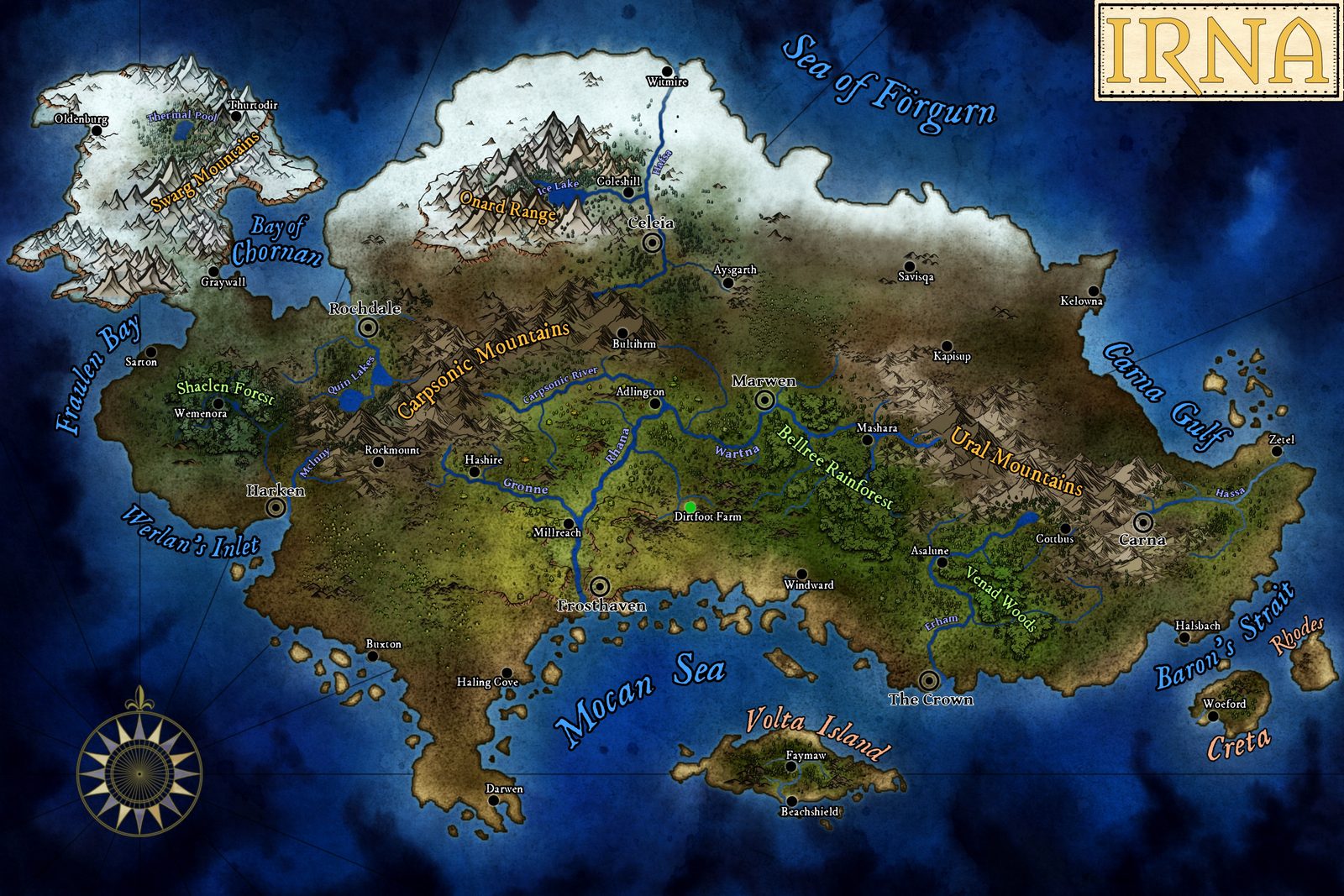 Regional map of Irna: its kingdoms and cities including The Crown, Frosthaven, Rochdale, Harken, Marwen, Celeia, and Carna, the Carpsonic and Ural Mountains, and the islands of Volta, Creta, and Rhodes.