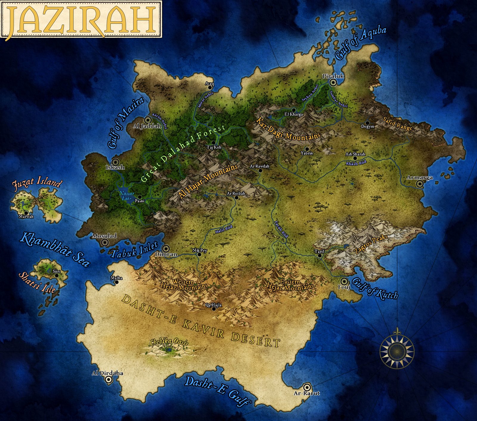 Regional map of Jazirah: Iskash, Al Jaddah, Mosulad, Armarga, Ash Sharah, and Piraluk, the Great Dalahad Forest, the Al Hajar and Kaz Dagi Mountains, and the Dasht-e Kavir Desert in the south.