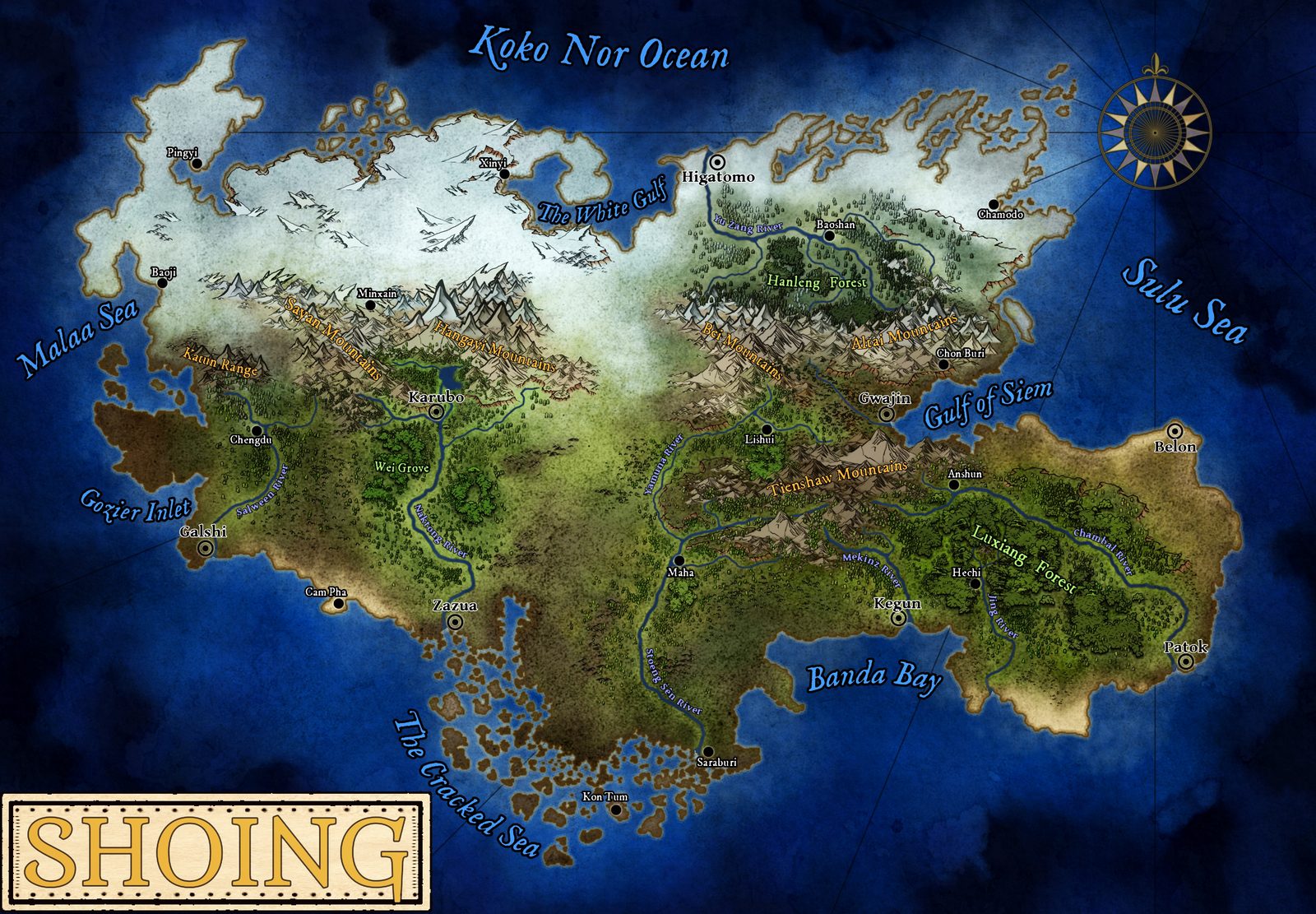 Regional map of Shoing: Gwajin, Higatomo, Karubo, Kegun, Zazua, Galshi, and Belon, the frozen north on the Koko Nor Ocean, the Tienshaw Mountains, and the Cracked Sea in the south.