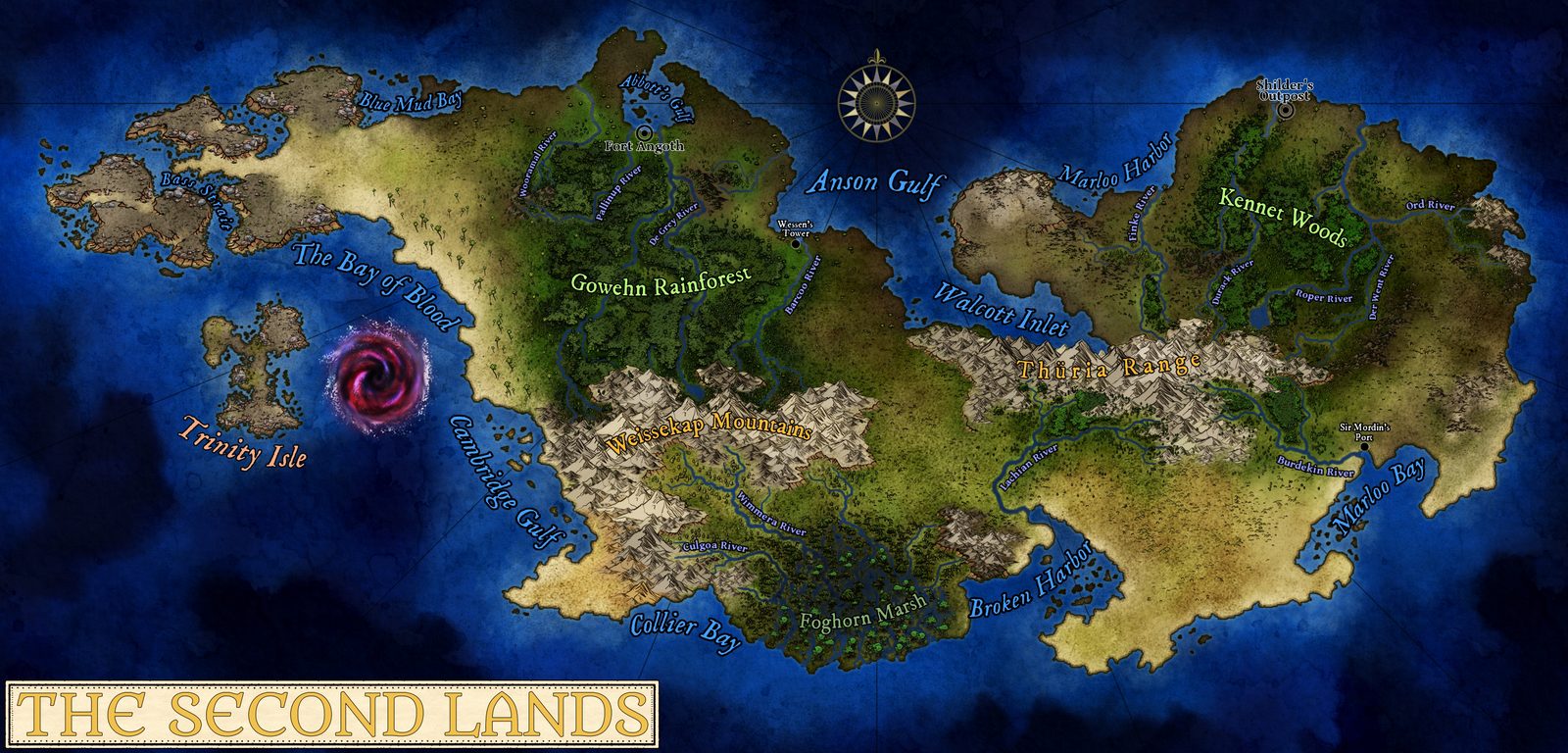 Regional map of the Second Lands: Fort Angoth, Wessen's Tower, Shilder's Outpost, and Sir Mordin's Port, the Gowehn Rainforest, the Weissekap Mountains and Thuria Range, Foghorn Marsh, and Trinity Isle beside the planar disturbance in the Bay of Blood.