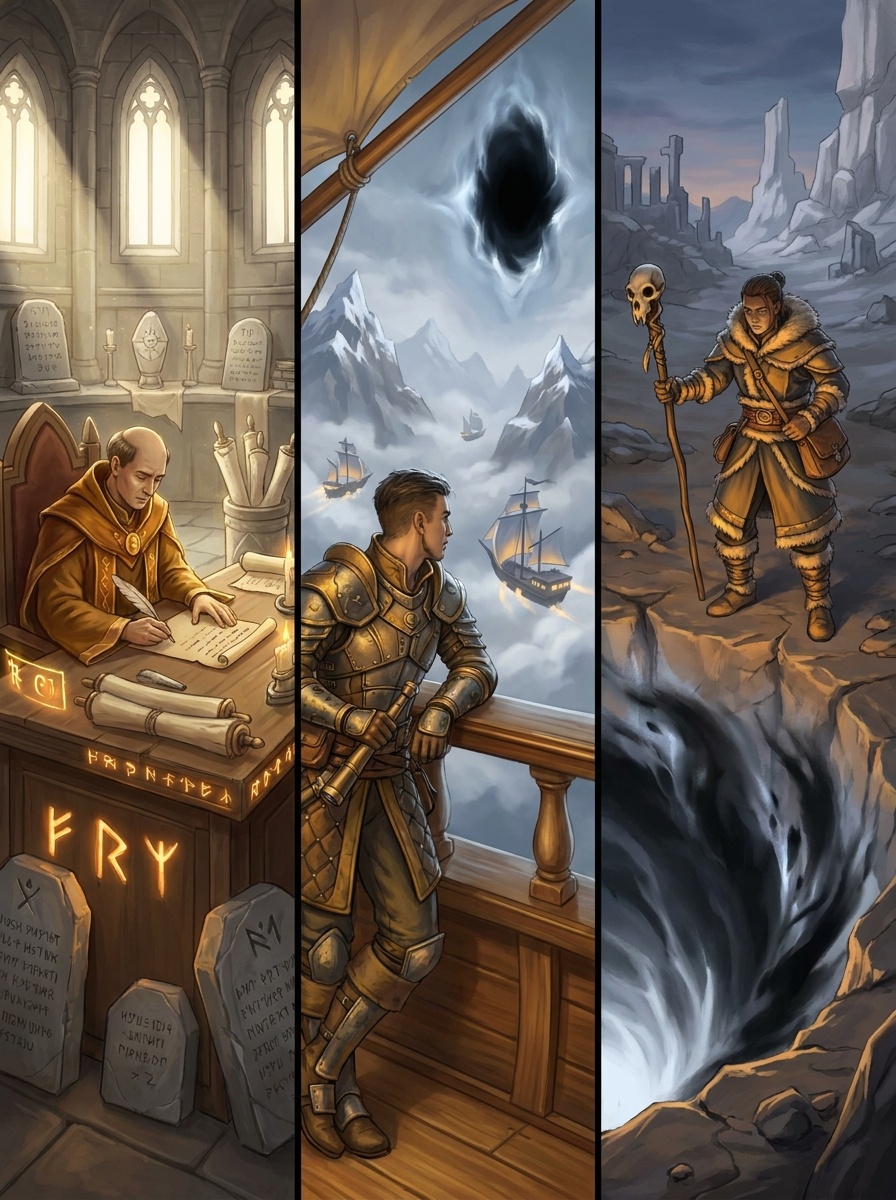 Three distinct working lives in Dort: a temple scribe, a ship's marine, and a wilderness expedition member at a rift edge.
