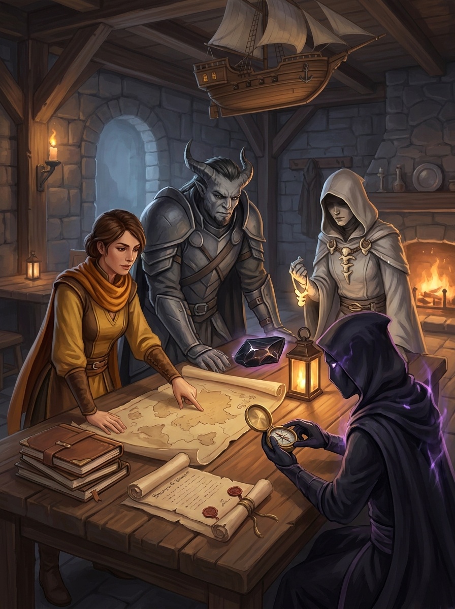 Four characters from different species sit around a worn table in a guild hall, planning something together before it begins.