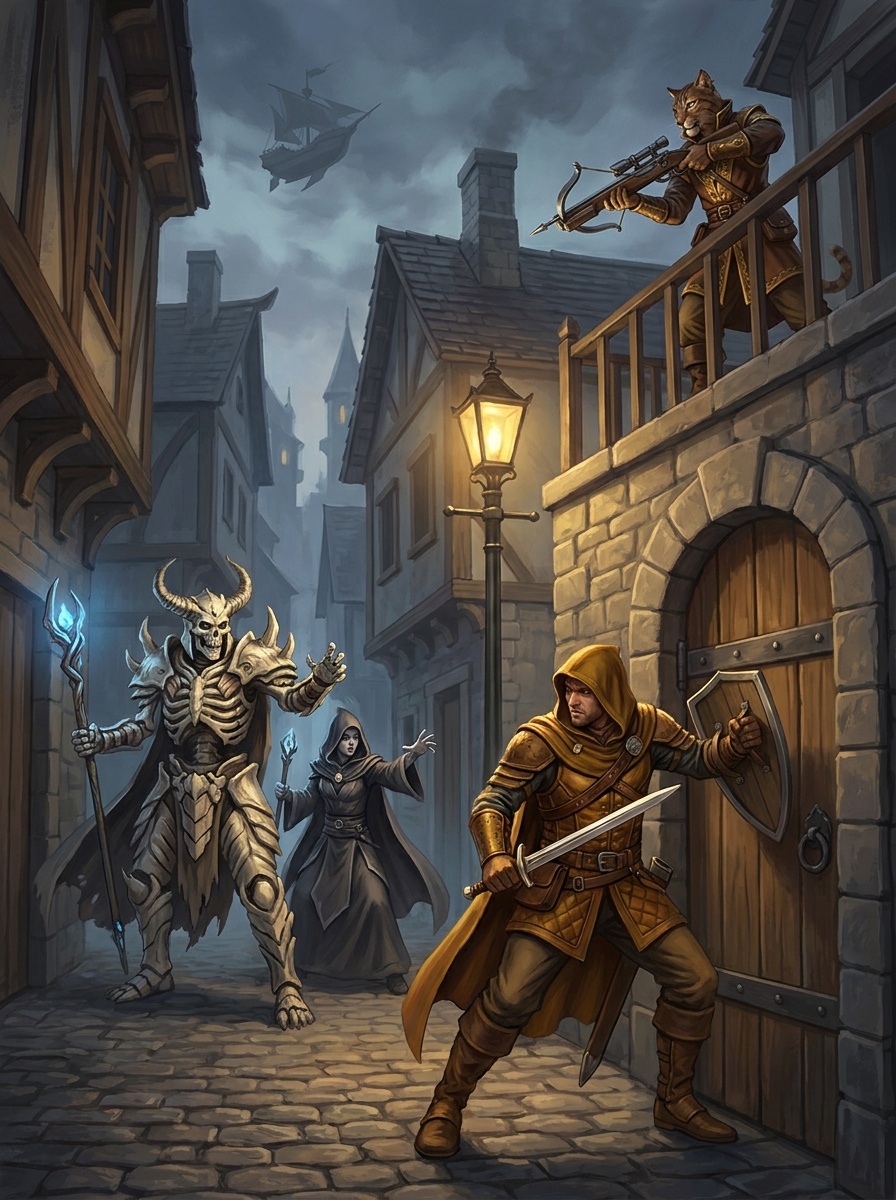 A dynamic mid-combat scene in an Irna city alleyway: three combatants of different species with readable tactical positioning.