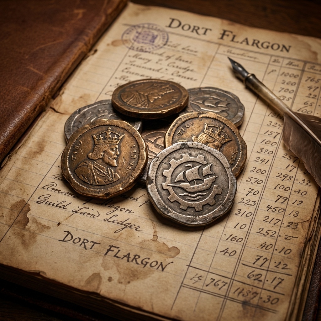 Dort flargons close-up on a guild ledger, currency as the texture of daily life.
