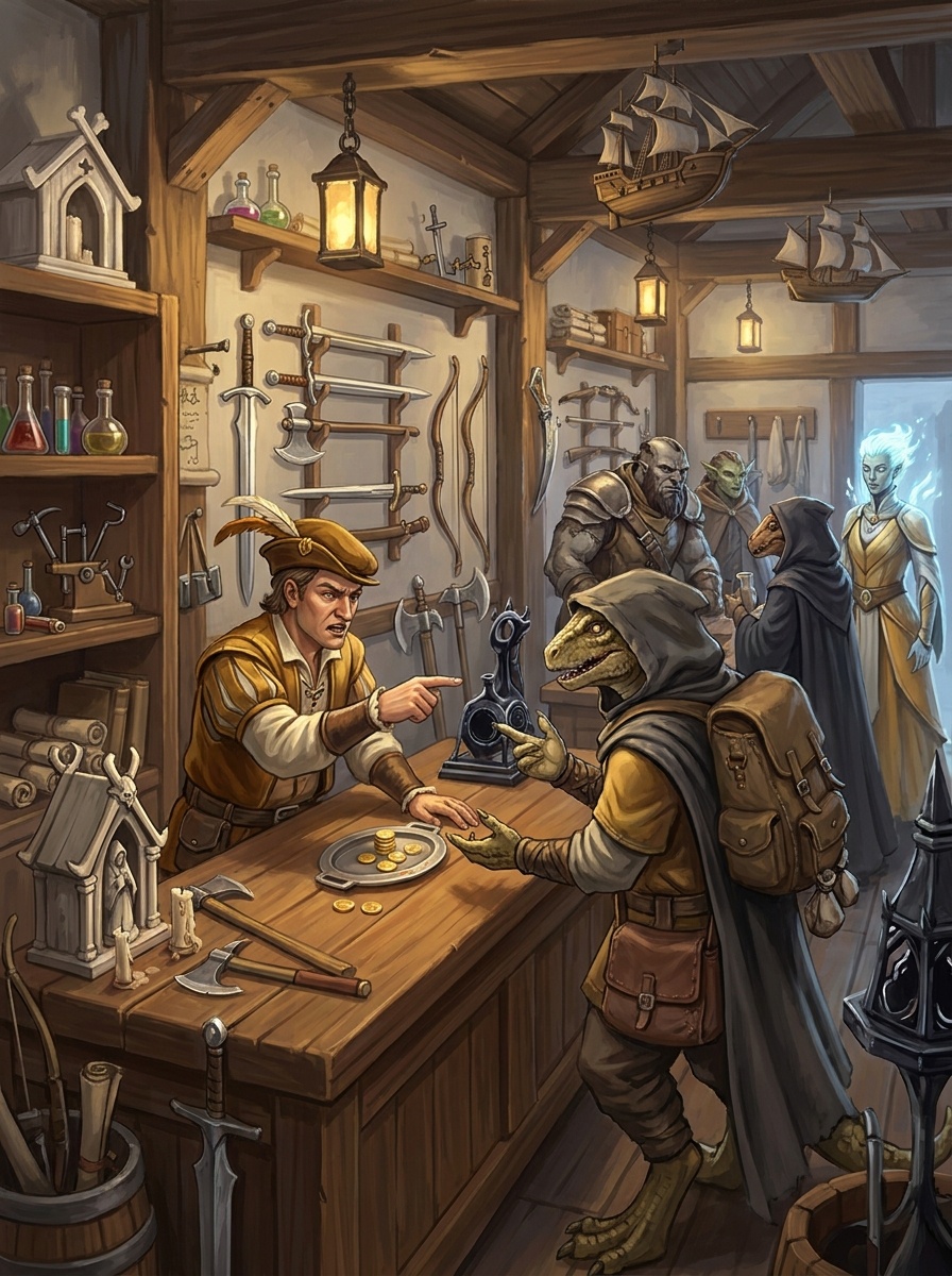 A guild quartermaster's shop in Frosthaven: weapons on one wall, alchemicals on another, a flargon counting plate on the counter.