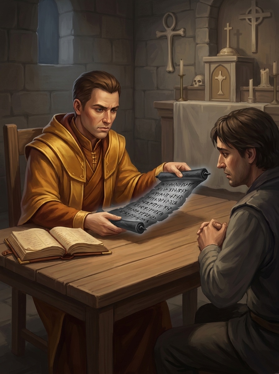 An Accord contract clinic: a keeper reviewing an unusual document with a worried client at a plain wooden table.