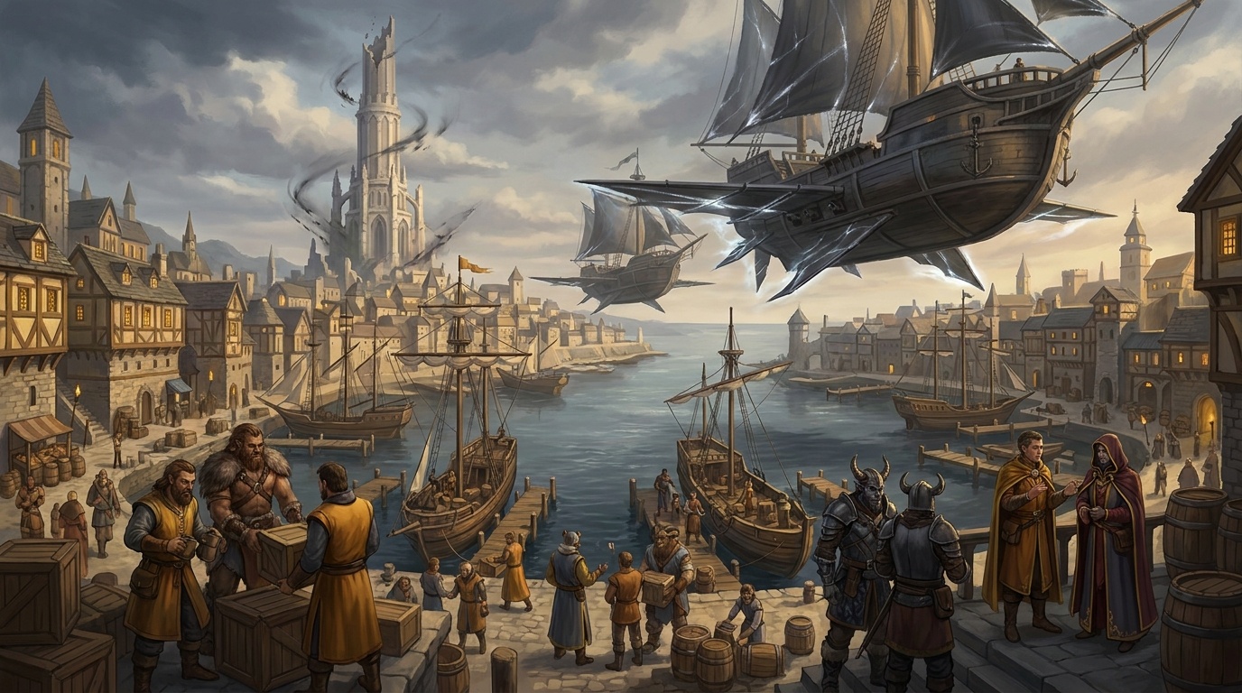Frosthaven harbor with the Sentient Spire at the city's edge, its upper section visibly damaged from an unexplained incident two centuries ago.