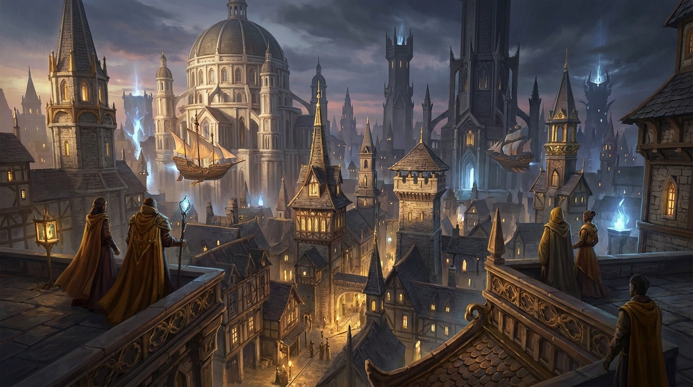 The Crown, Irna's capital city and the second largest city in the known world, every major guild and faith represented on its layered, competitive skyline.