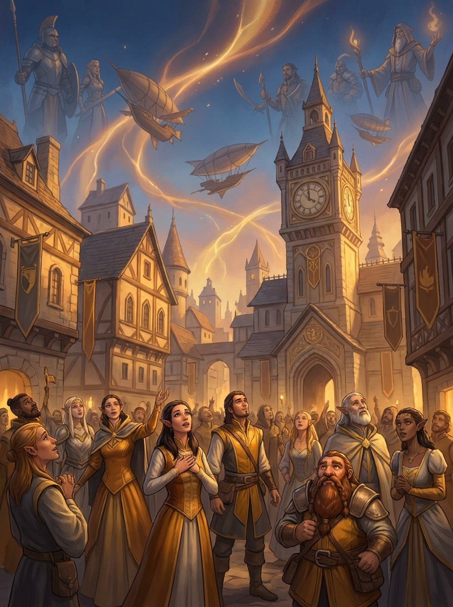 A crowd of mixed-species people looking upward together in a public square, the unity through shared witness that defines Echo's faith.