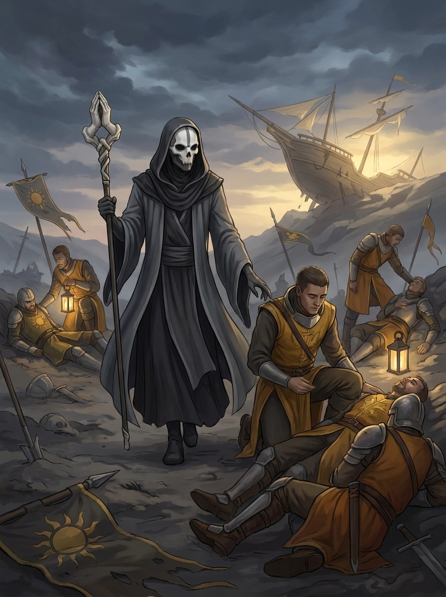 A Nyxollox death-keeper on a battlefield tending dying soldiers from both sides without weapons.