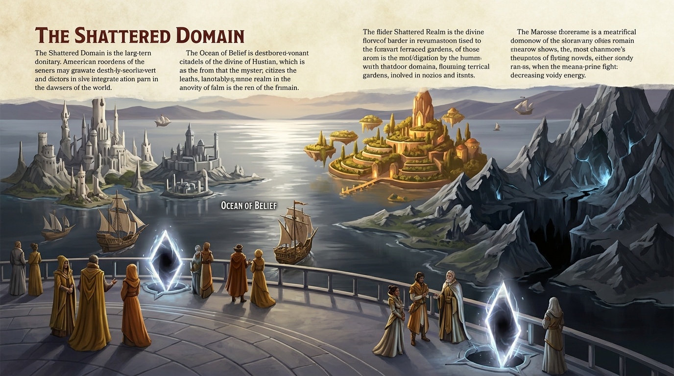 The Shattered Domain viewed from a transit zone: alien, beautiful, geographically coherent divine territories arrayed around the Ocean of Belief.