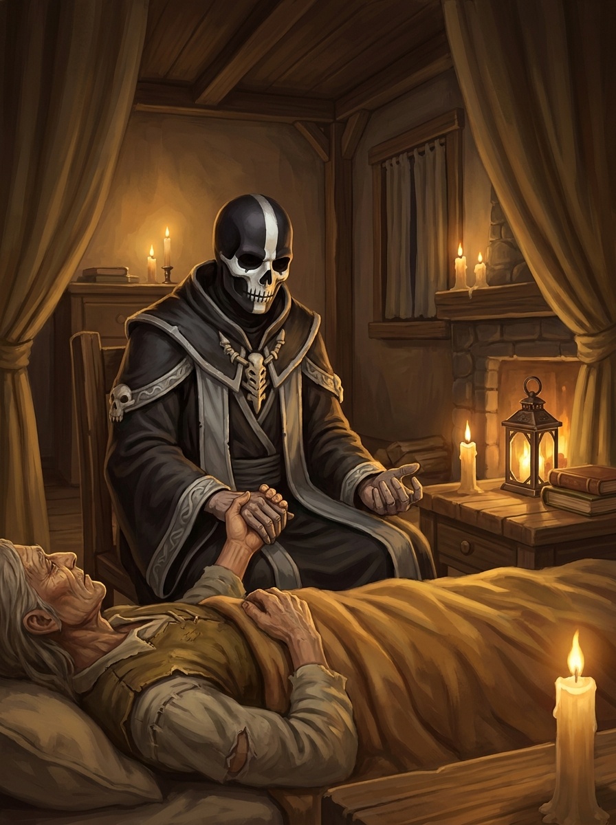 A Nyxollox death-keeper at a deathbed, bearing witness with unhurried honesty.