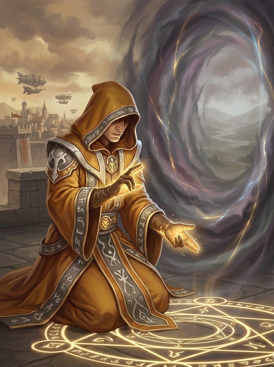 A caster working a structured Arcane working at the edge of an open rift, the Arcana plane bleeding color through the tear.