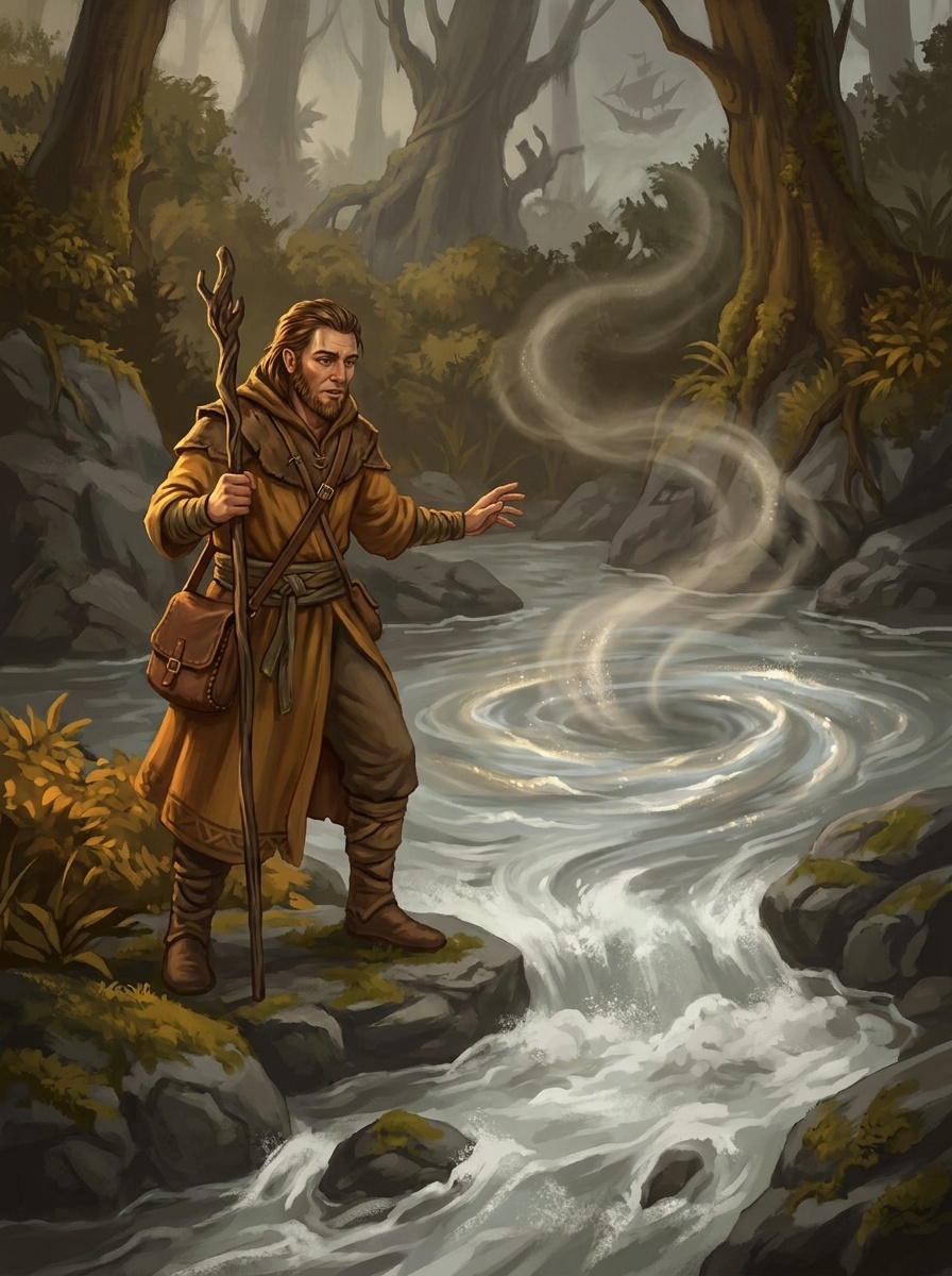 A primal practitioner in conversation with a river's spiritual presence — dialogue, not command.
