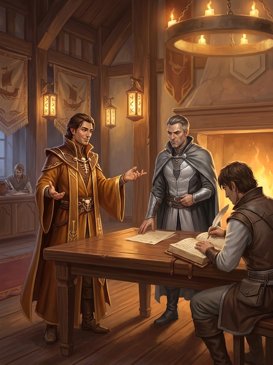 A negotiation scene in a guild hall: one character speaking, one listening, one recording, the breadth of skills in Dort.
