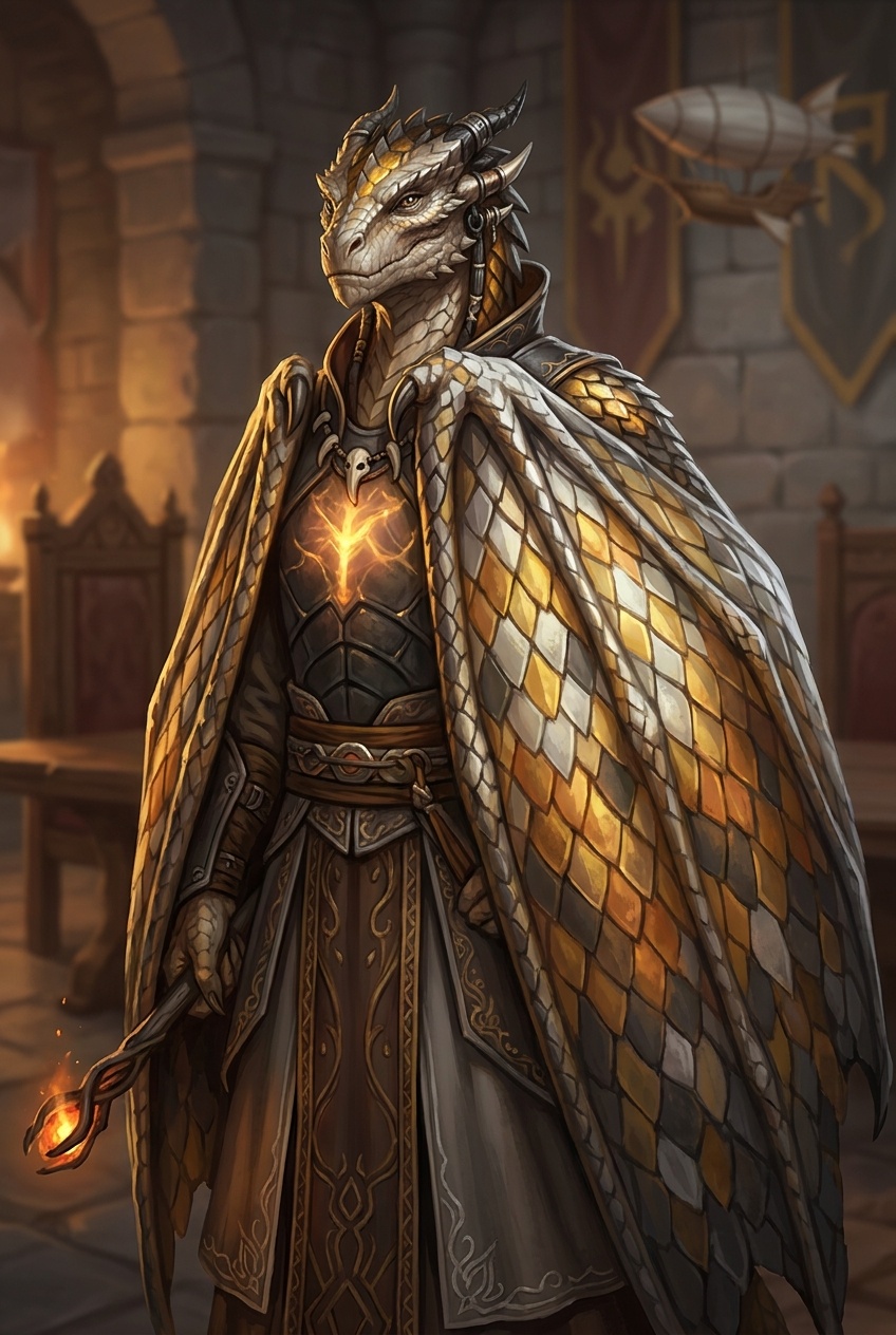 A Drakin portrait: mosaic scales catching light in multiple colors, wings folded shoulder-to-knee, internal glow pulsing faintly.
