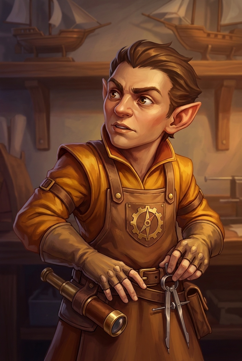 A Gnome portrait: compact and precise, expressive face conveying attention and quick intelligence, hands that suggest craft and fine work.