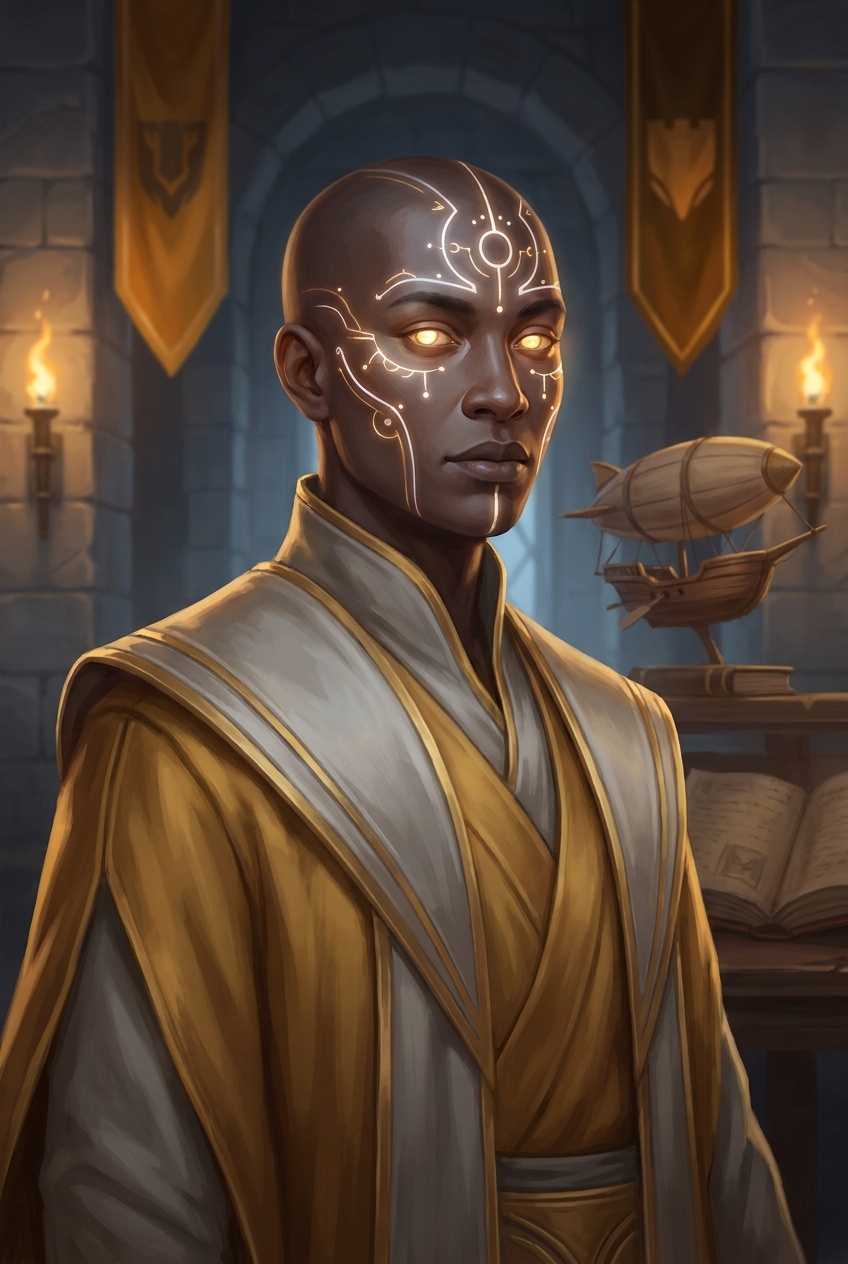 A Radiant Serren portrait: softly glowing eyes, symmetrical celestial markings, unmistakably not fully mortal but not dramatic about it.