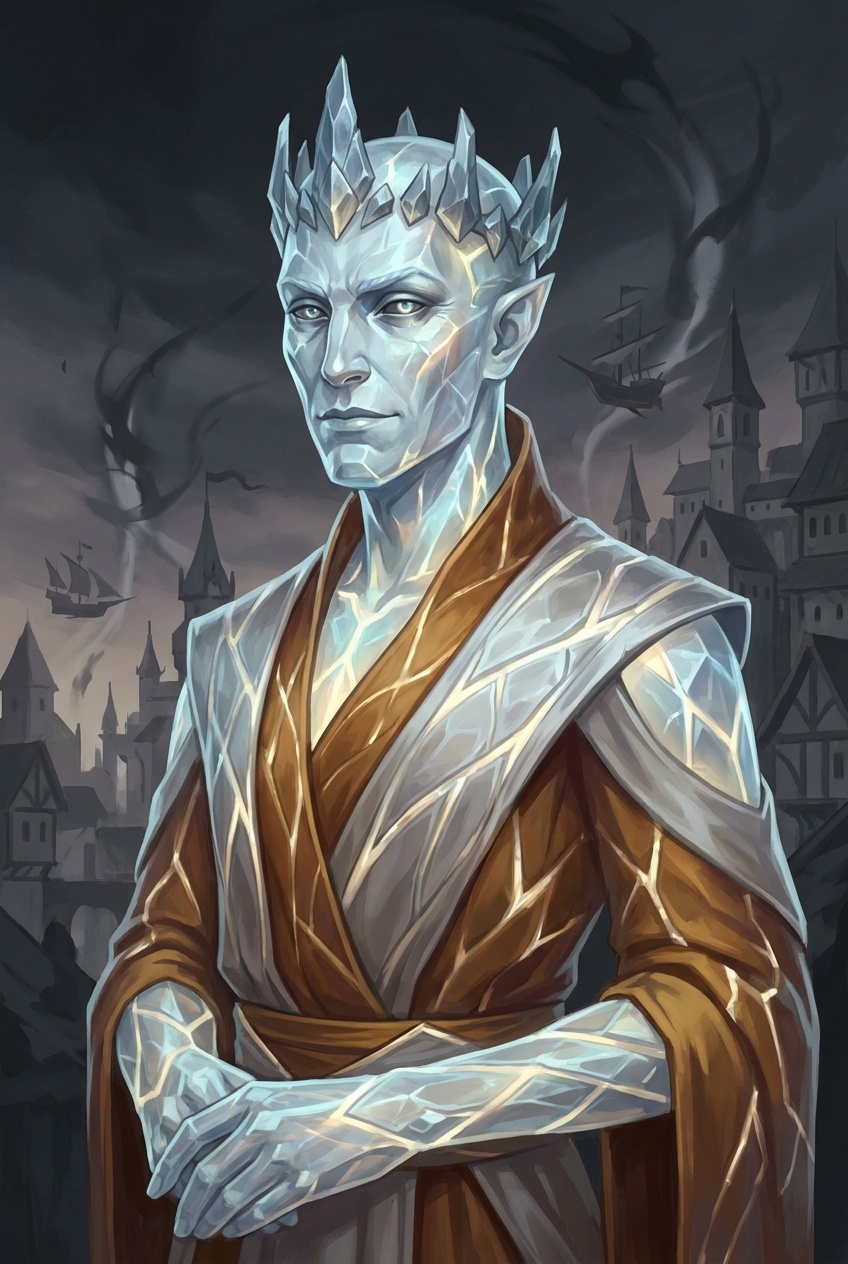 A Vaelhari portrait in High Crown phase: crystalline and cool-toned, lit from inside by something very far away.