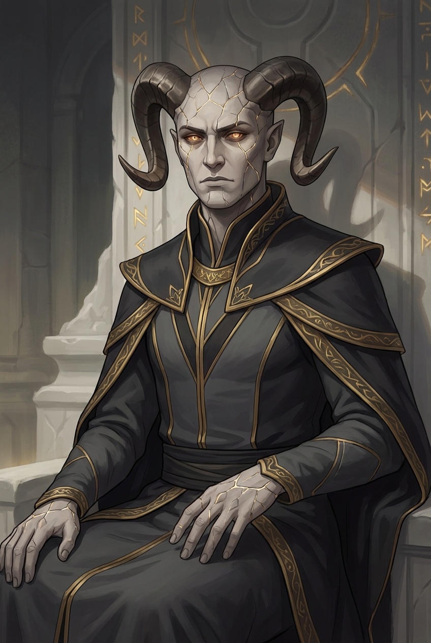 A Zerren portrait: infernal markings running fault-line patterns across the skin, downward-angled horns, eyes lit from within by the Hells' blood.