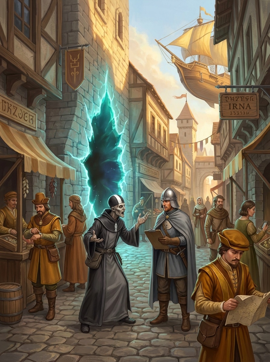 An Irna city street where a planar rift has torn open mid-block; a death-keeper and a city watchman argue nearby while locals manage the situation without panic.