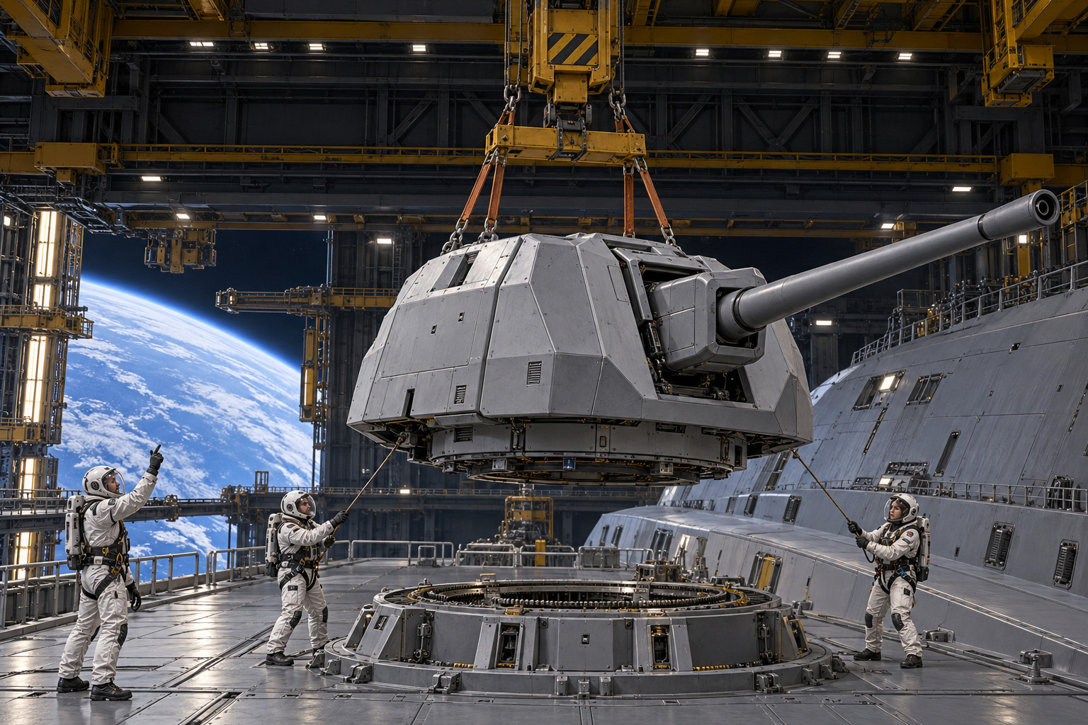 A weapon mount being fitted in dry dock