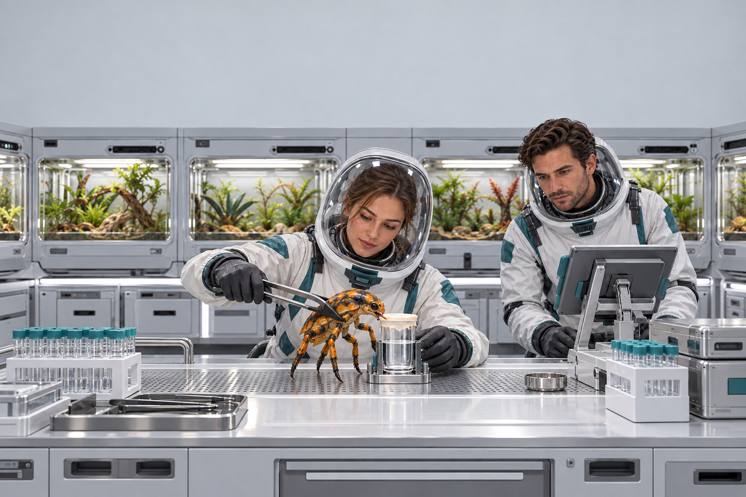 An alien specimen being milked in a laboratory