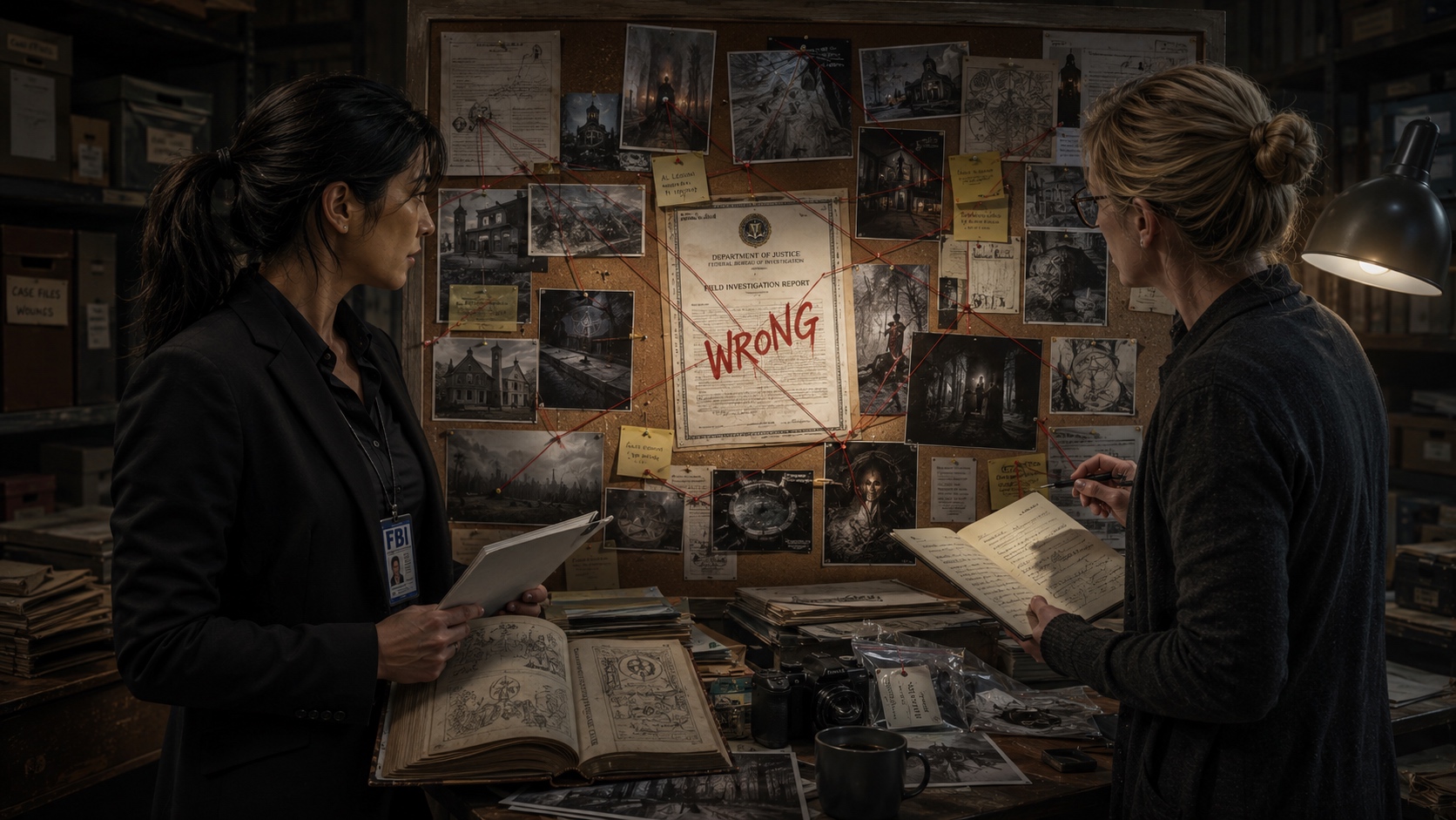 The evidence board: photographs, string, and something the official report cannot explain.