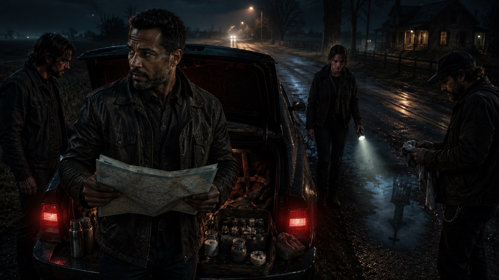 Black Road crew on a night highway: road kit in the trunk, something ahead that stops leaving tracks.
