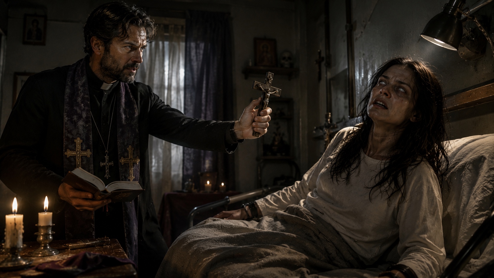 An exorcism in a cramped room: the priest holding his authority while the thing inside the host decides whether to comply.