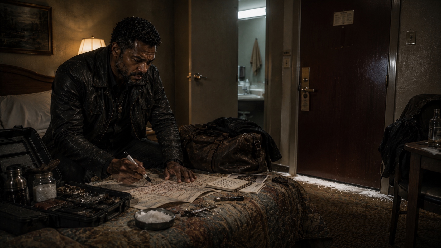 Hotel room, end of a long night: salt at the threshold, field kit open, the case not finished.