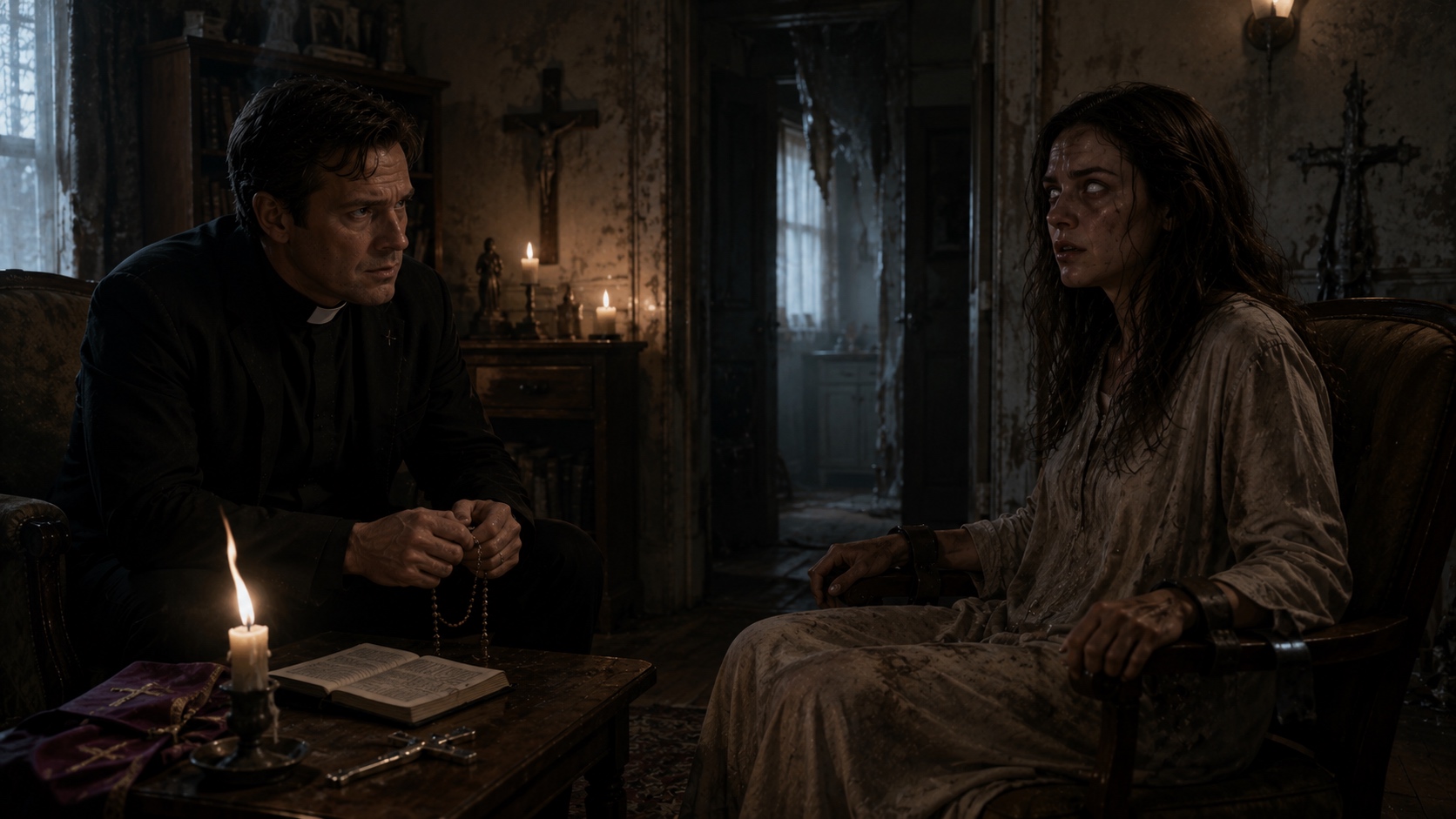 A possessed host: the human is still in there, but the demon is the one deciding what the face does.