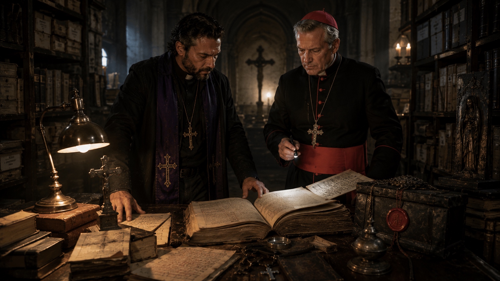 An exorcist reading the sealed parish file before the household wakes.