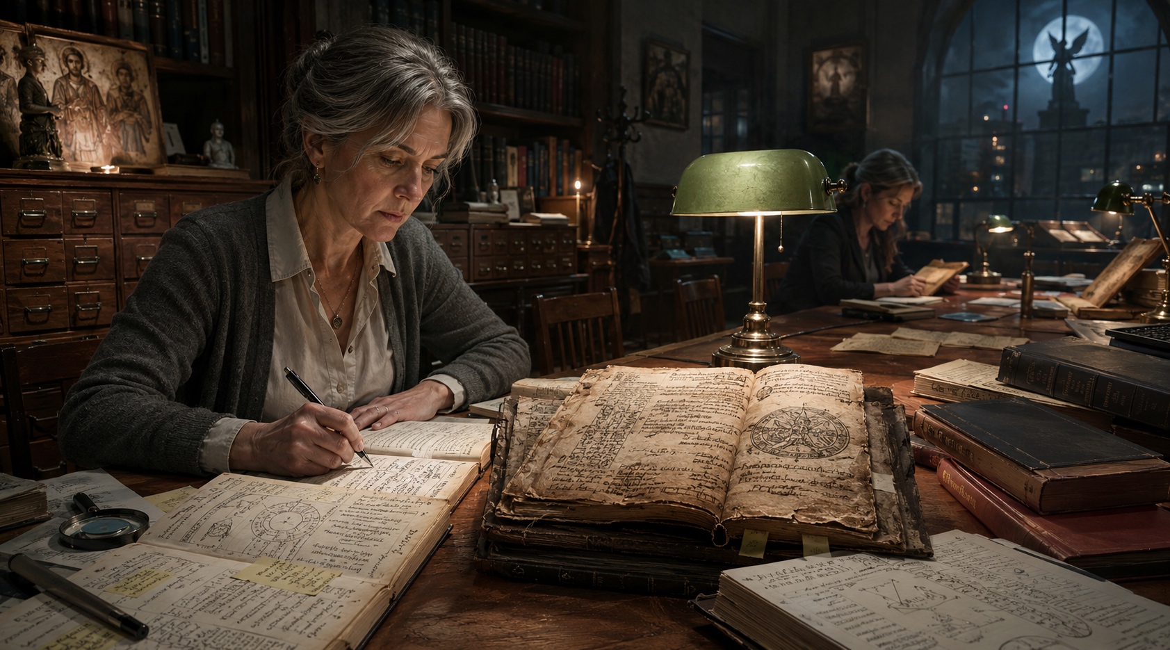 A reading room at 2am: one lamp, white gloves, and a manuscript that is never allowed to leave the building.