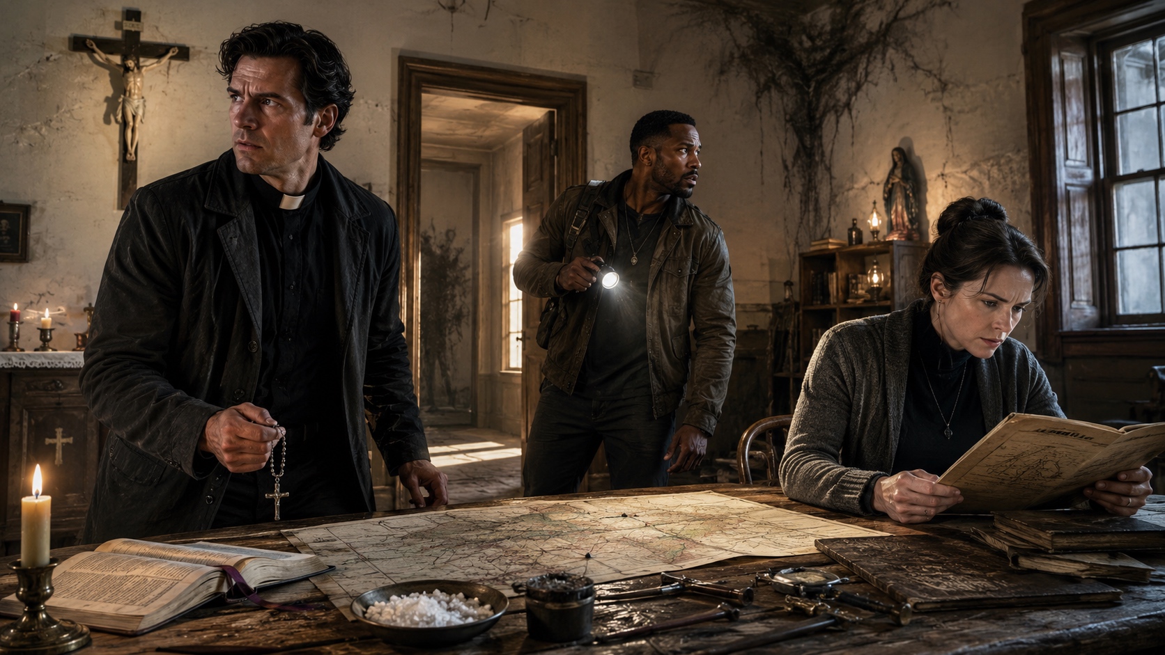 A priest, a hunter, and a relic handler examine the same scene: three trainings, three different things noticed.