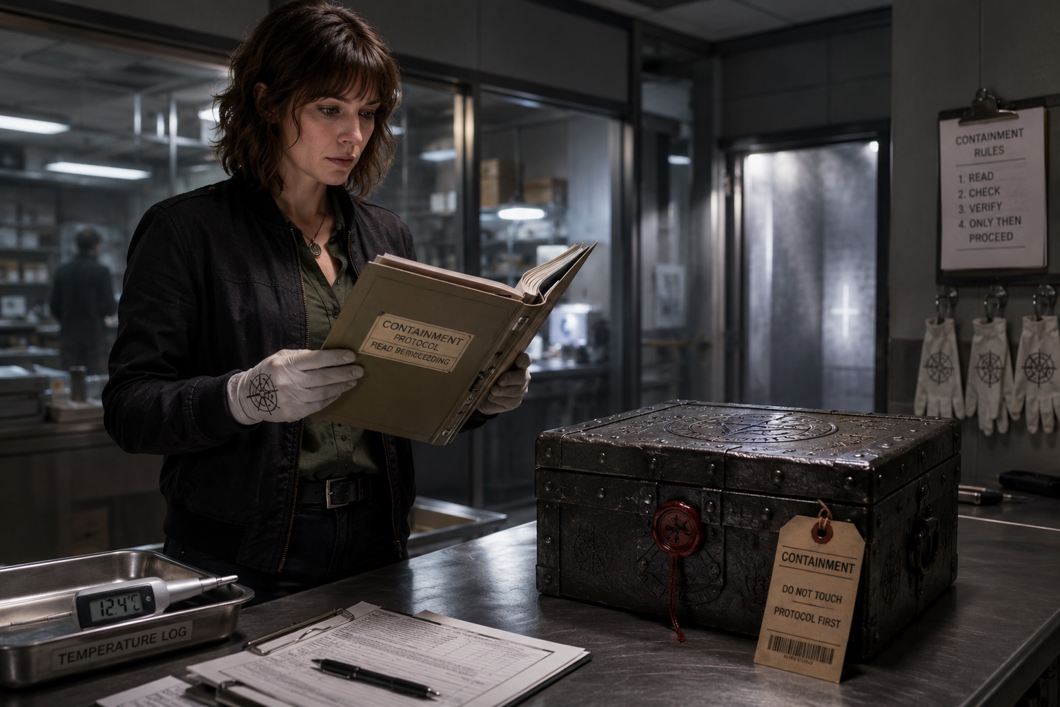 Containment: gloves on, file open, the object not yet touched, everything depending on reading the protocol before reaching in.