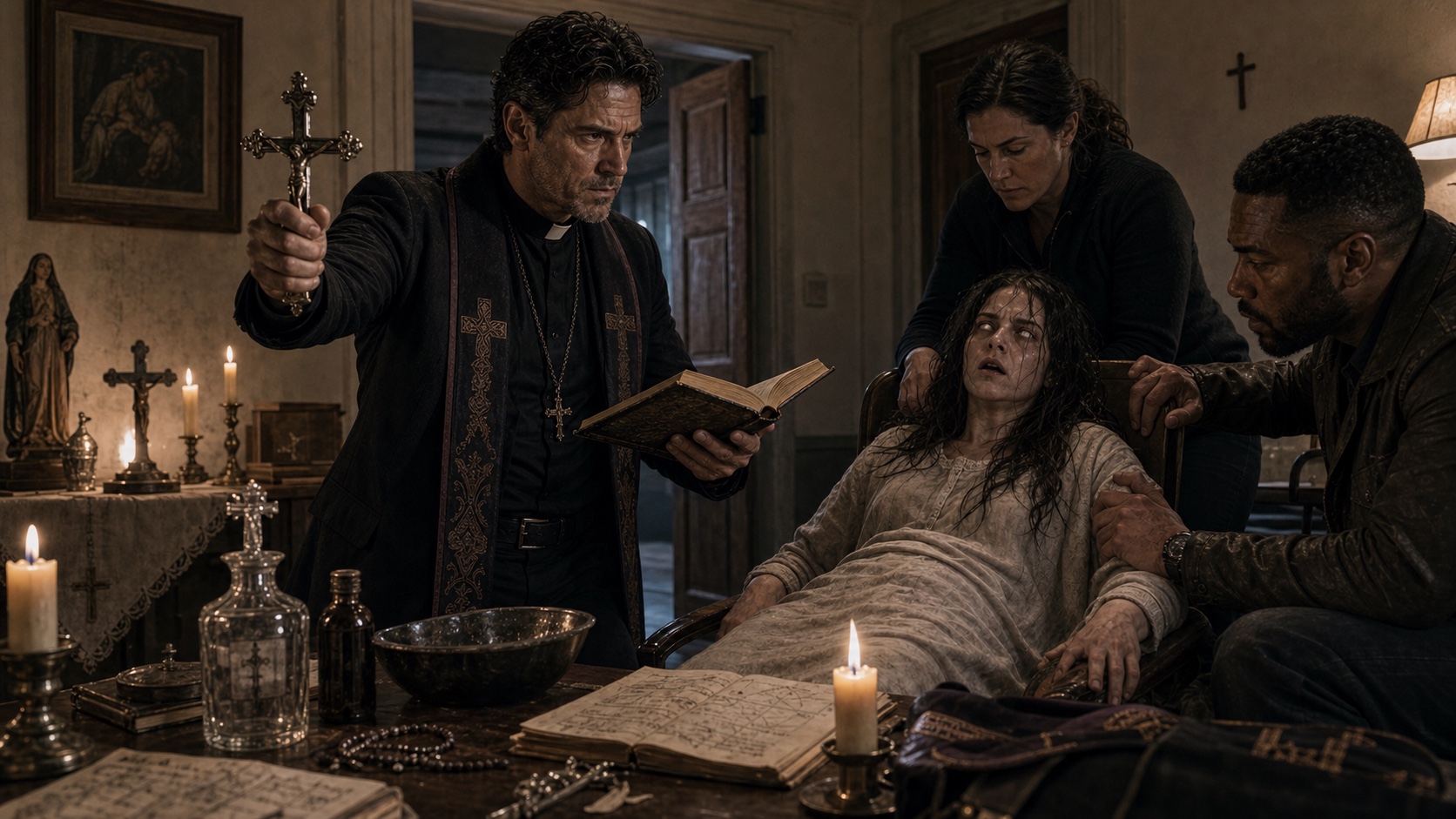 A formal exorcism: staged procedure, the entity asserting its claims, the exorcist holding authority under pressure while the host runs out of time.