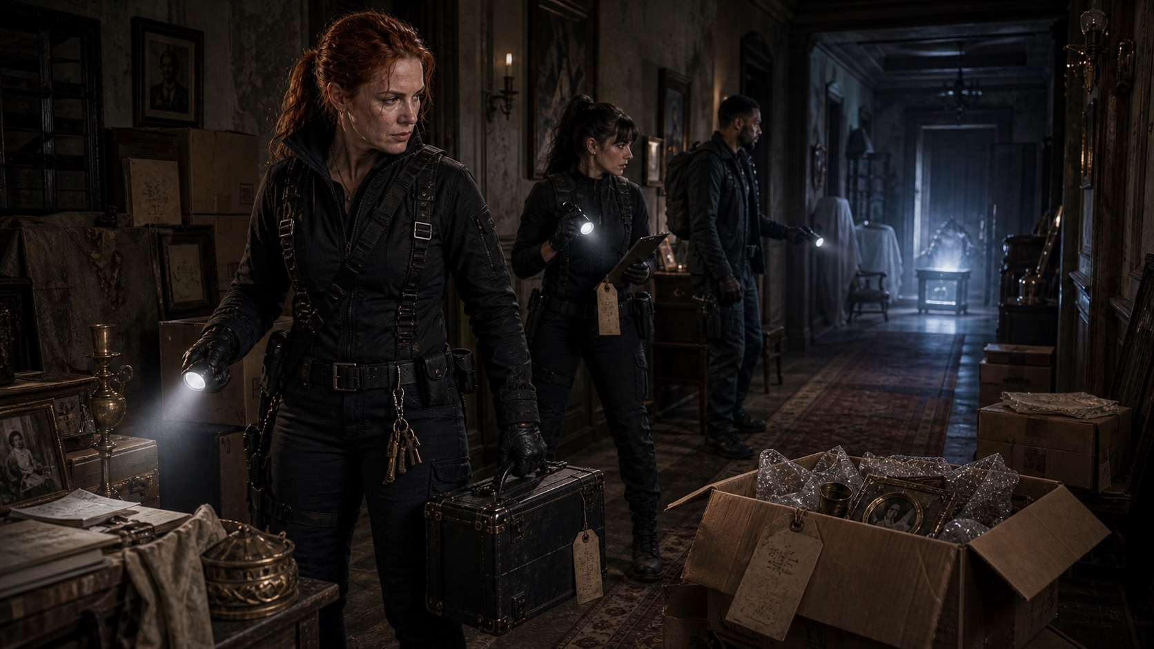 A Latchkey team arrives at a probate estate, the hallway stacked with boxes of miscellaneous antiques, each one to be opened, checked, and tagged.