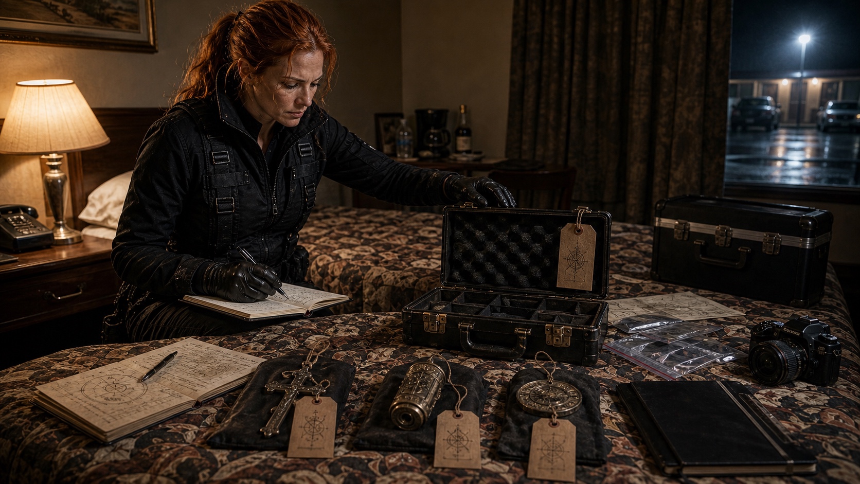 A field agent's kit laid open on a motel bedspread: iron-lined case, relic gloves, and three tagged objects waiting for the next case briefing.