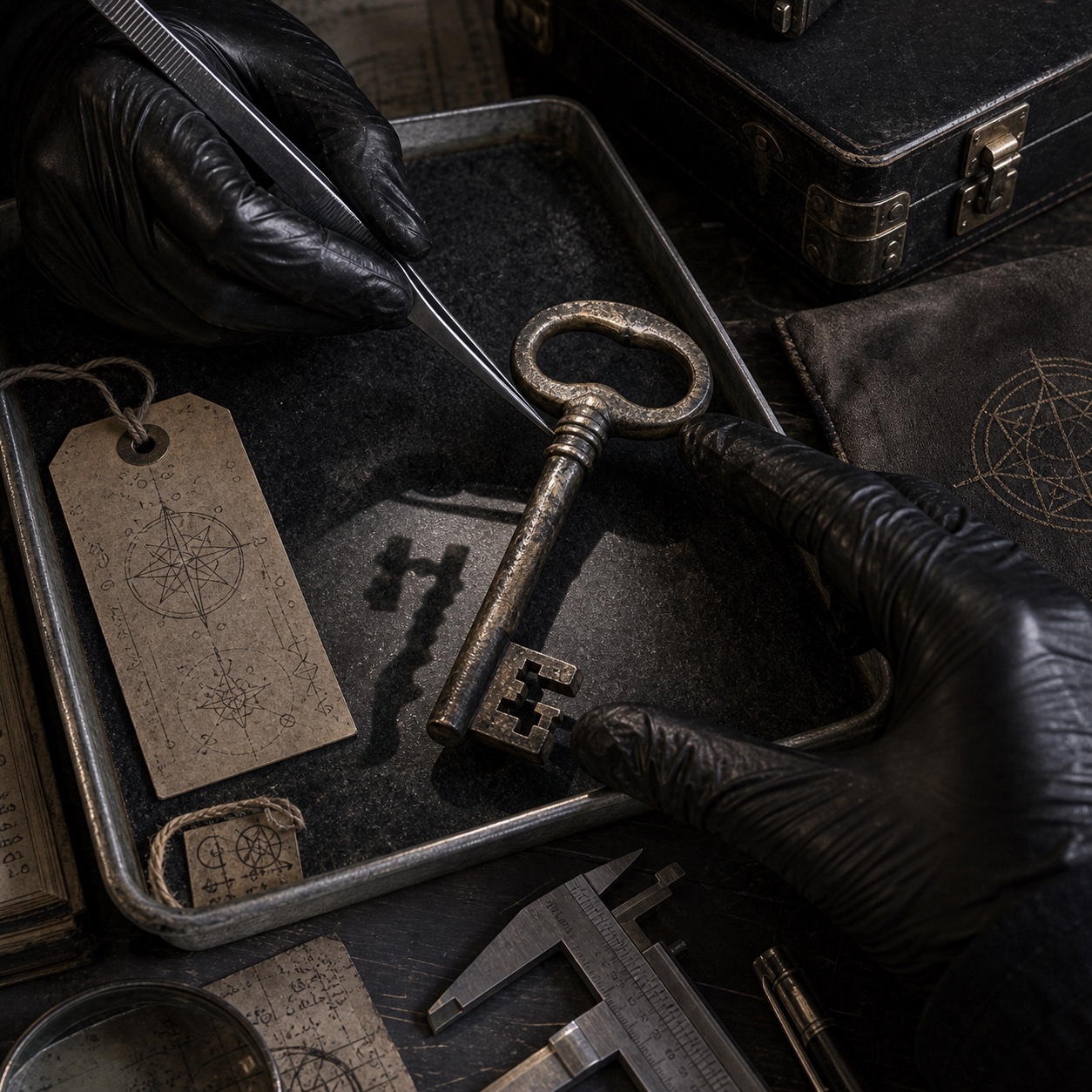 The Key of Saint Dismas, resting in an open evidence tray. The bow is worn smooth. The bit changes shape depending on who is looking at it.