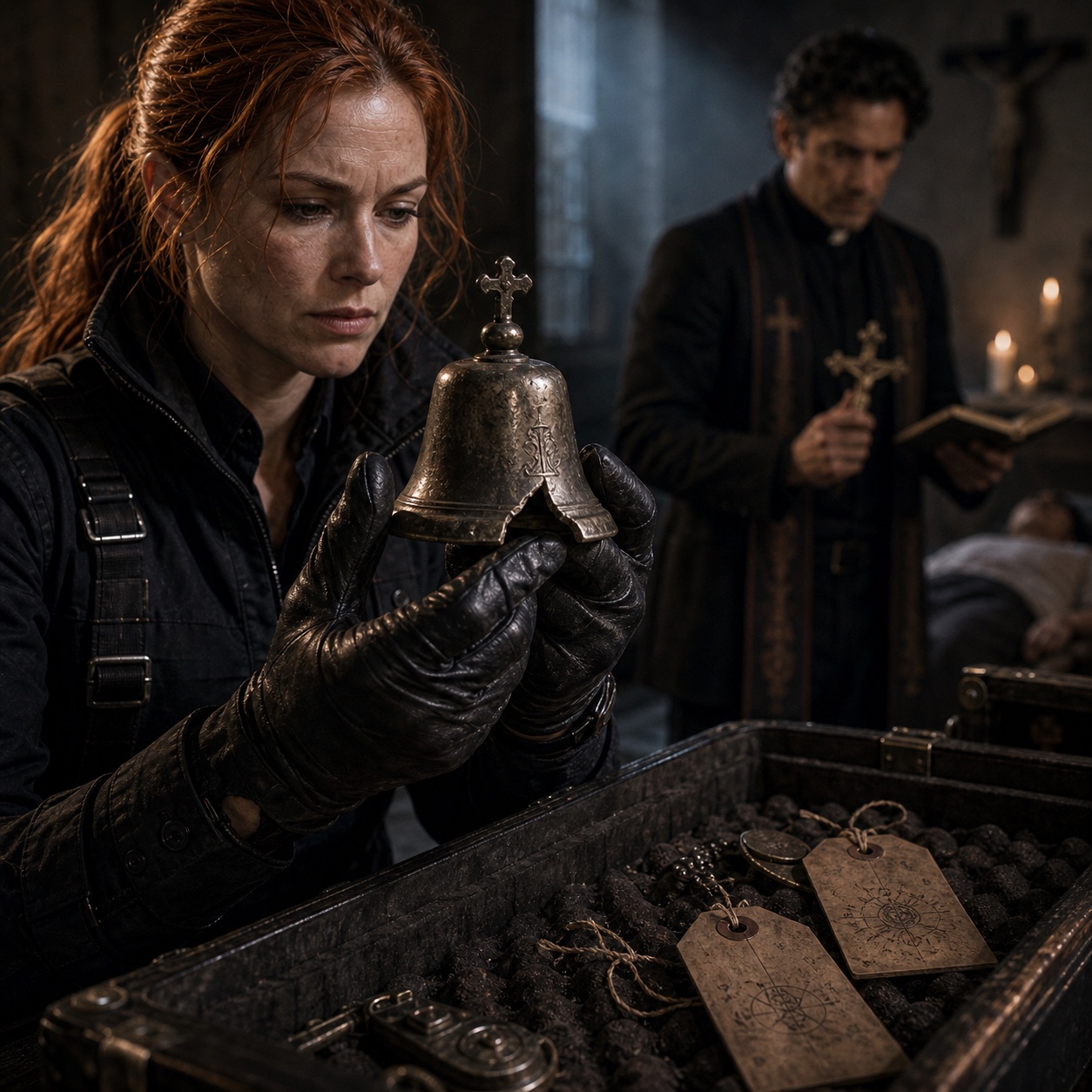 The Bell of the Ninth Hour, palm-sized, cracked rim visible. A Latchkey archivist holds it in relic-grade gloves, watching the exorcism taking place across the room.