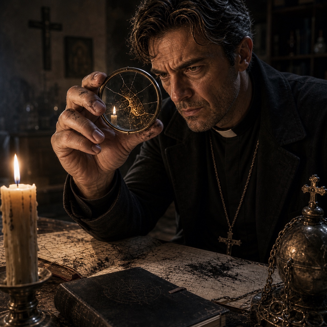 The Lumen Glass raised toward a candle flame. Through the cracked lens, residue from a recent Forbidden Working glows faintly against the dark wall behind it.