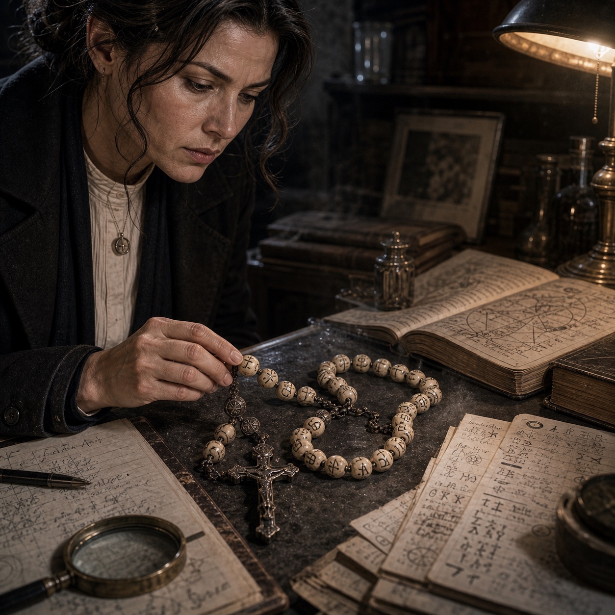 The Rosary of Unfinished Names, laid flat on a research desk beside a translation reference. Several beads are clearly bone, each carved with a single letter in a different alphabet.