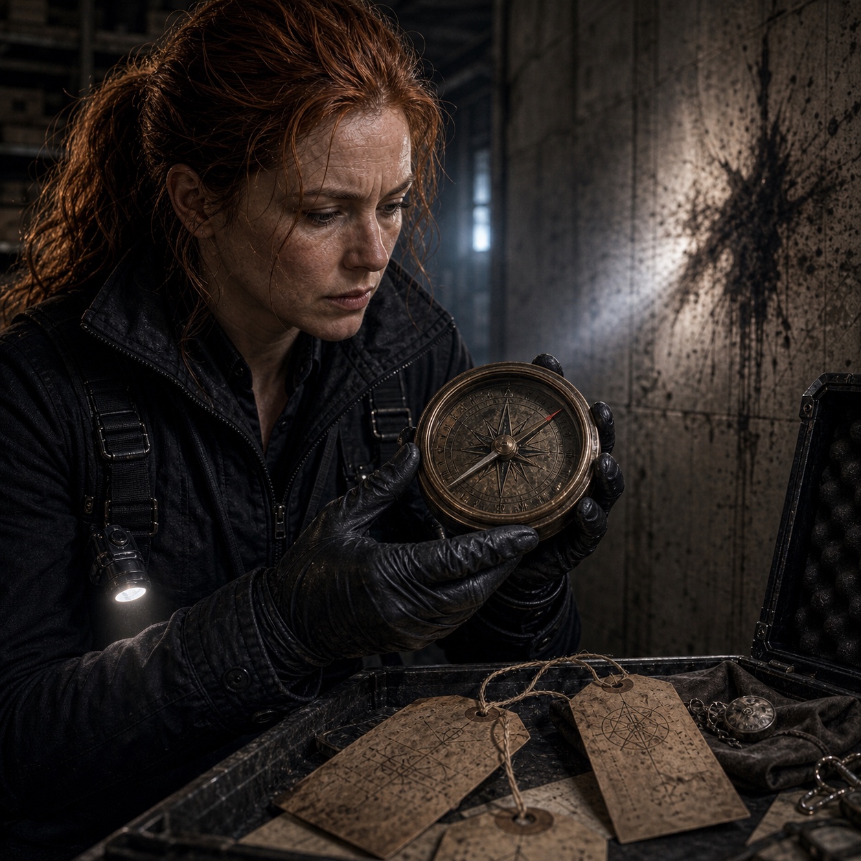 The Archive Compass, needle swung hard off north, pointing through a warehouse wall toward something the team cannot yet see.
