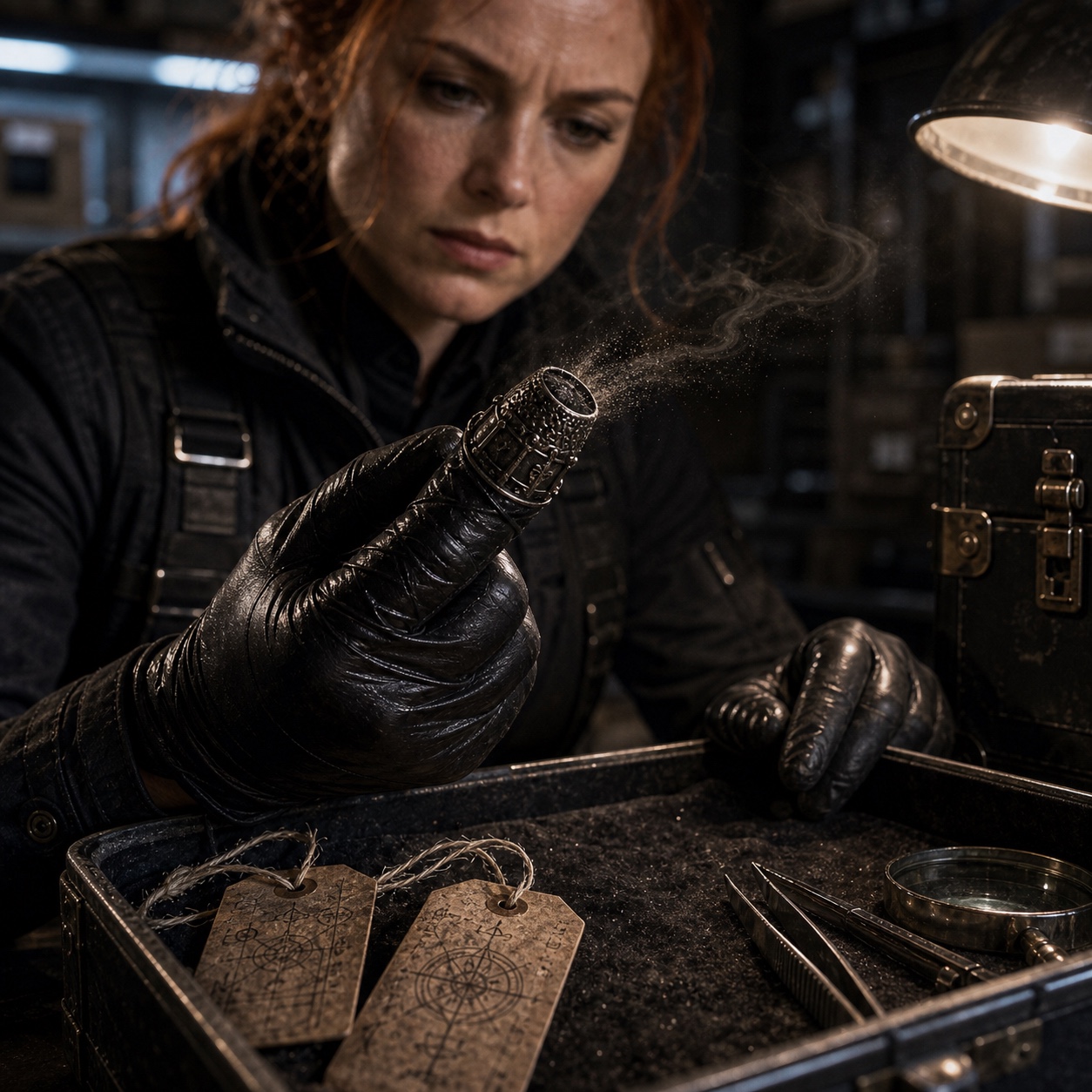 The Ashen Thimble on a fingertip, worn over a relic glove. The silver is black with age. The smell of extinguished candles fills the room even though none have been lit.