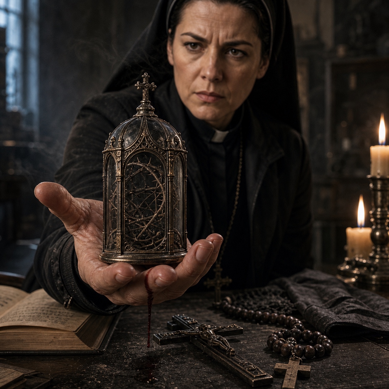 The Thorn Reliquary, medieval metalwork, held in one bare hand during an active warding. A thin line of blood runs from the palm.