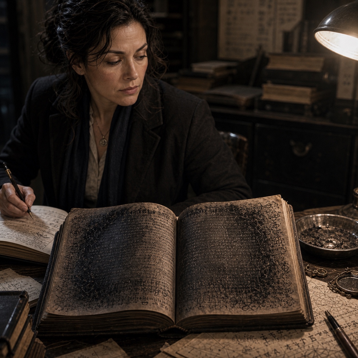 The Black Psalter open to a middle page under two-person supervision, its margins crowded with layered handwriting.
