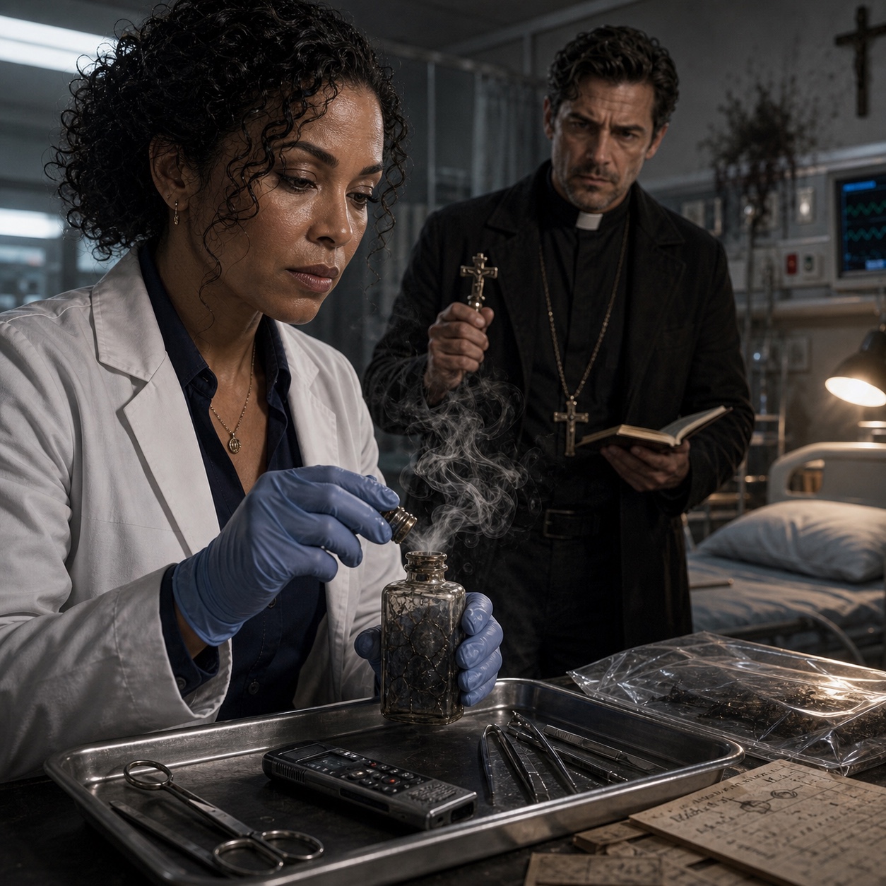 The Saint's Breath Bottle, stopper held in one hand, opened in a hospital room where the air has been wrong since the last exorcism. The fog inside clears as it opens.