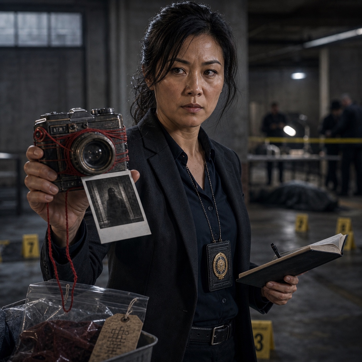 The Red Thread Camera raised at a crime scene, red thread wound tight around the flash housing, a fresh photograph developing in the investigator's free hand.