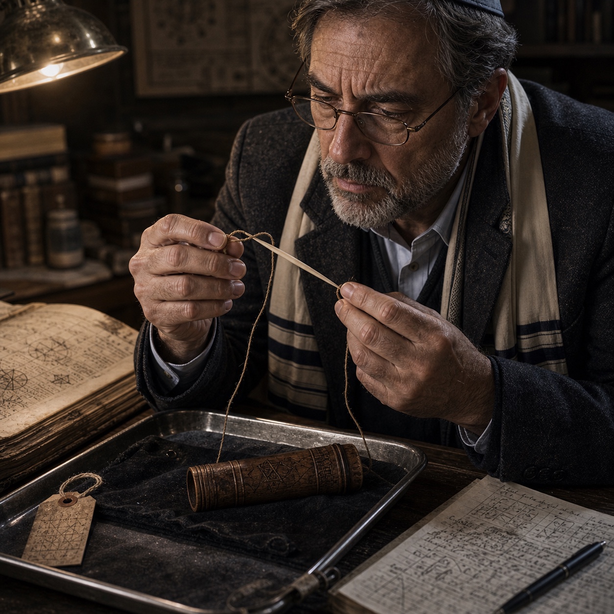 The Tzrorim Needle and its cedar tube, beside a prepared vessel. Thread runs through the needle's eye, continuous, uncut. The bone of the needle is very old.